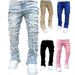 男士弹力贴布牛仔直筒裤﻿ Men denim straight leg pants