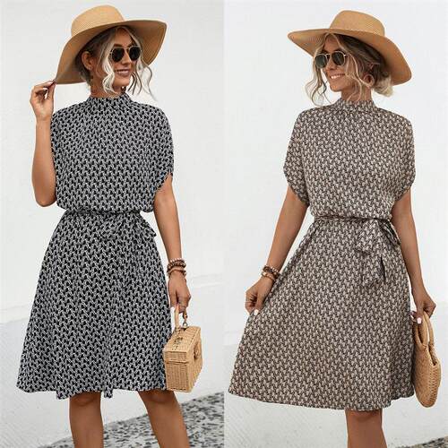 temperament Lace up printed short sleeved dress 系带连衣裙