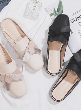 bowknot half slippers female fashion shoes 平底网红半拖鞋