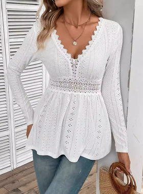 Elegant women V-neck patchwork lace long sleeved T-shirt top