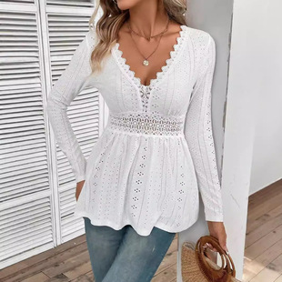 long top shirt sleeved lace patchwork neck women Elegant