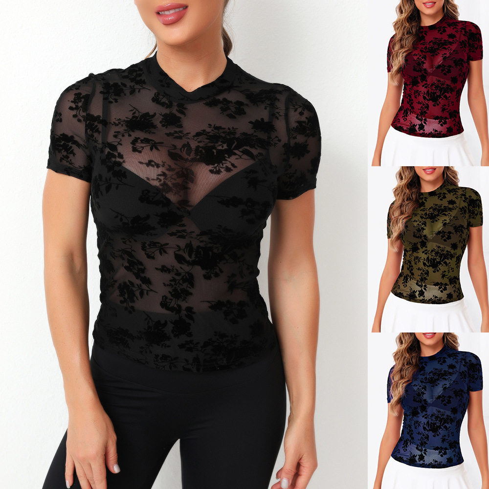 性感圆领弹力网纱透视T恤上衣Sexy stretch mesh see through top