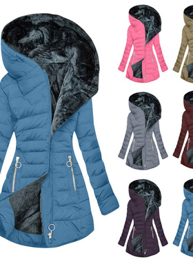 修身保暖毛领连帽外套大衣棉服 Women fur collar Hooded coat