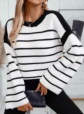 Round neck loose striped pullover knitted sweater 针织女毛衣