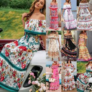 One shoulder printed long dress 一字肩度假风印花长款连衣裙