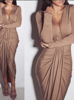 Euro sexy ladies Club Dress V-neck long sleeves dresses