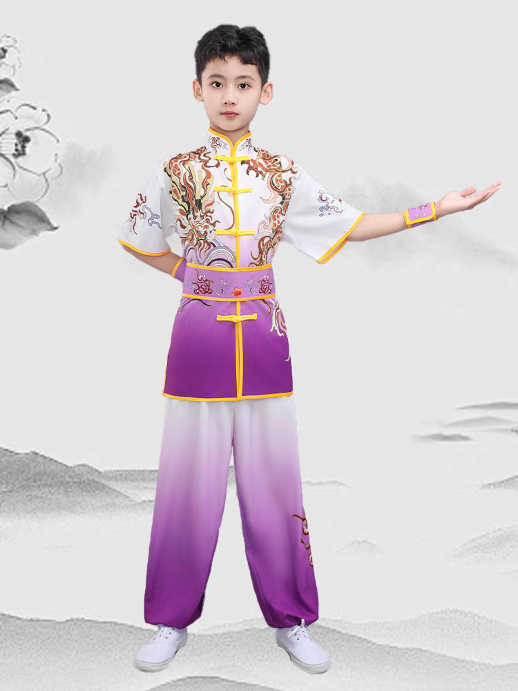 2024新款儿童武术表演服装短袖套装武术比赛服装武术操舞旗演出服