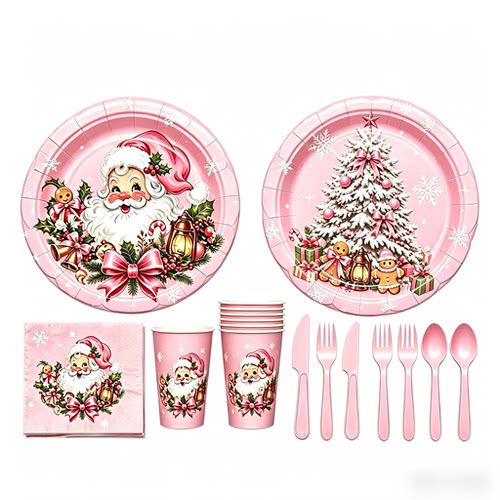 圣诞老人粉色花边纸盘 Santa Xmas Pink Scalloped Paper Plates