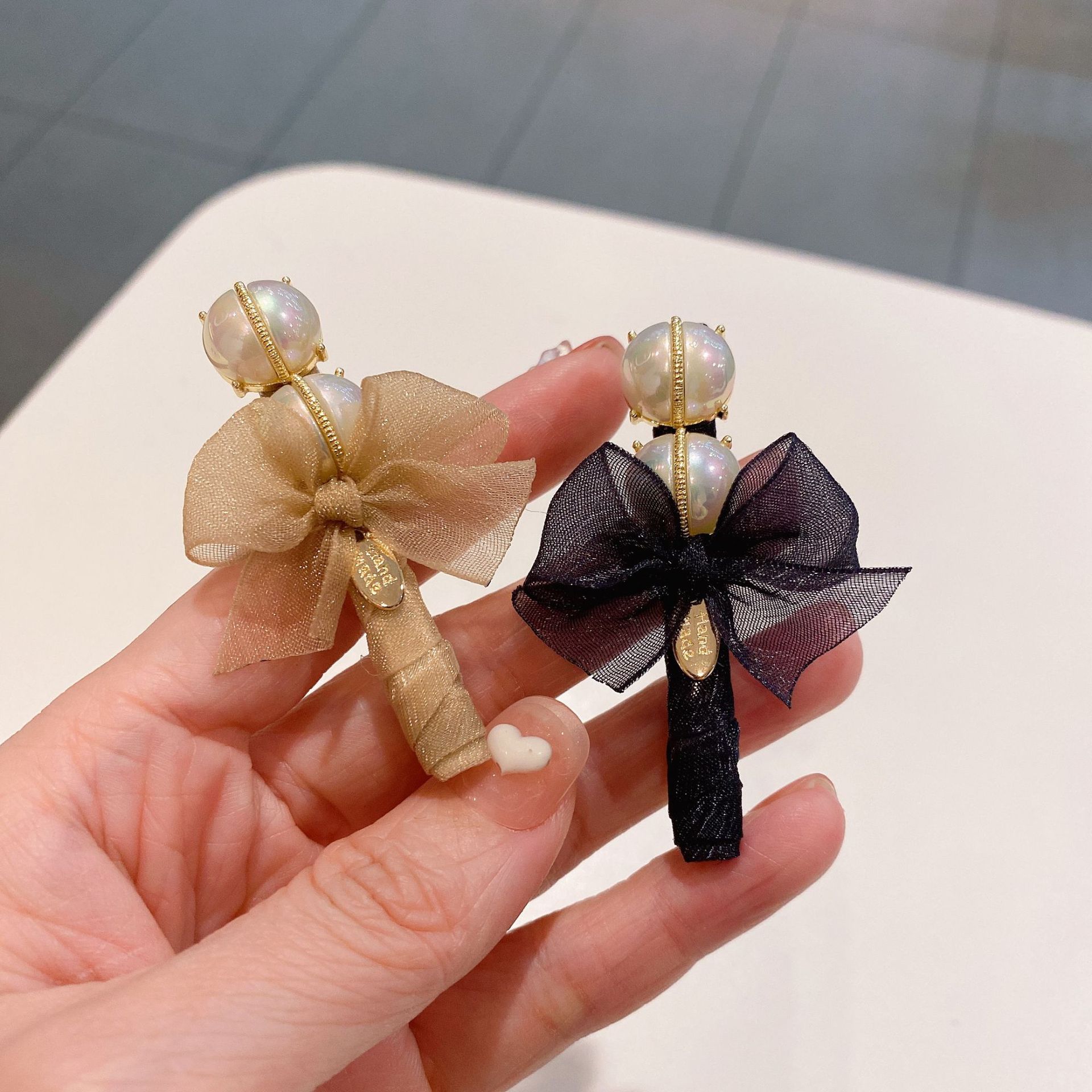 diy高级感珍珠网纱蝴蝶结边夹发夹女hairclips刘海边夹发饰鸭嘴夹