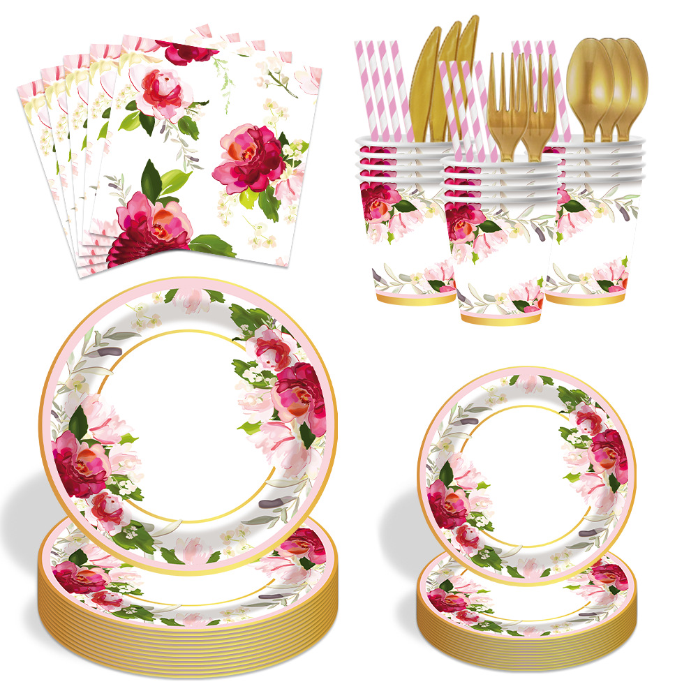 水粉花朵生日婚礼派对装扮用品纸盘纸巾 Wedding Party Supplies