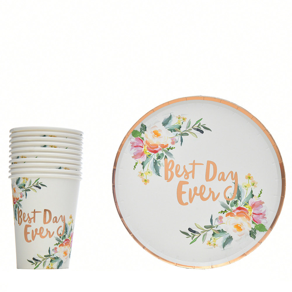花卉浅底纸盘婚礼派对一次性餐具 Floral Wedding Paper Plates