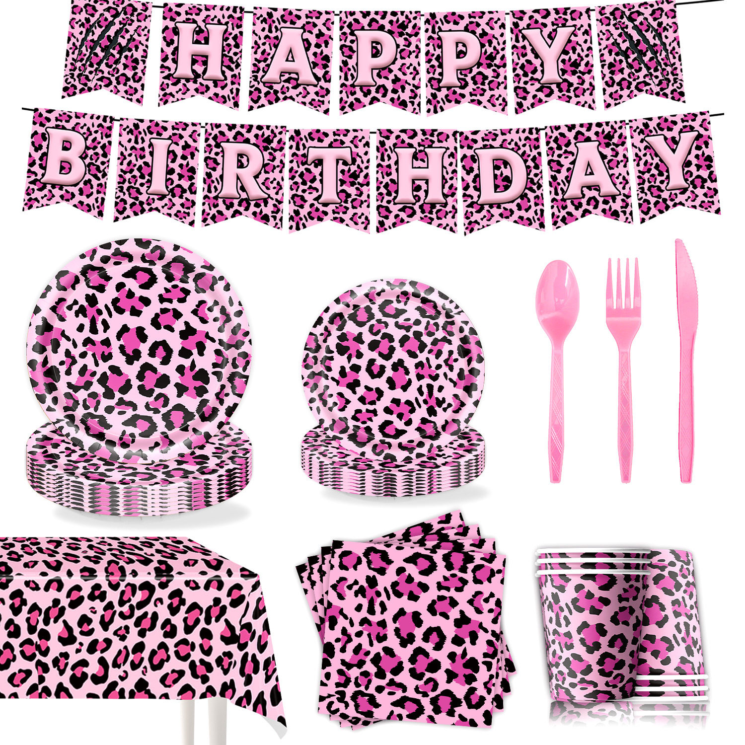 粉色豹纹生日派对用品 Leopard Pattern Birthday Party Supplies