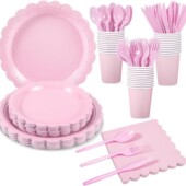 Party Supplies Pink 粉色派对用品一次性纸盘纸杯 Paper Plates