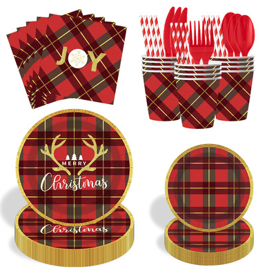 Red Plaid Christmas Party Paper Plates 圣诞节派对一次性餐具