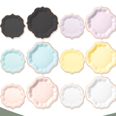 金色花边异形纸盘宴会婚礼生日派对装扮用品 Party Paper Plates