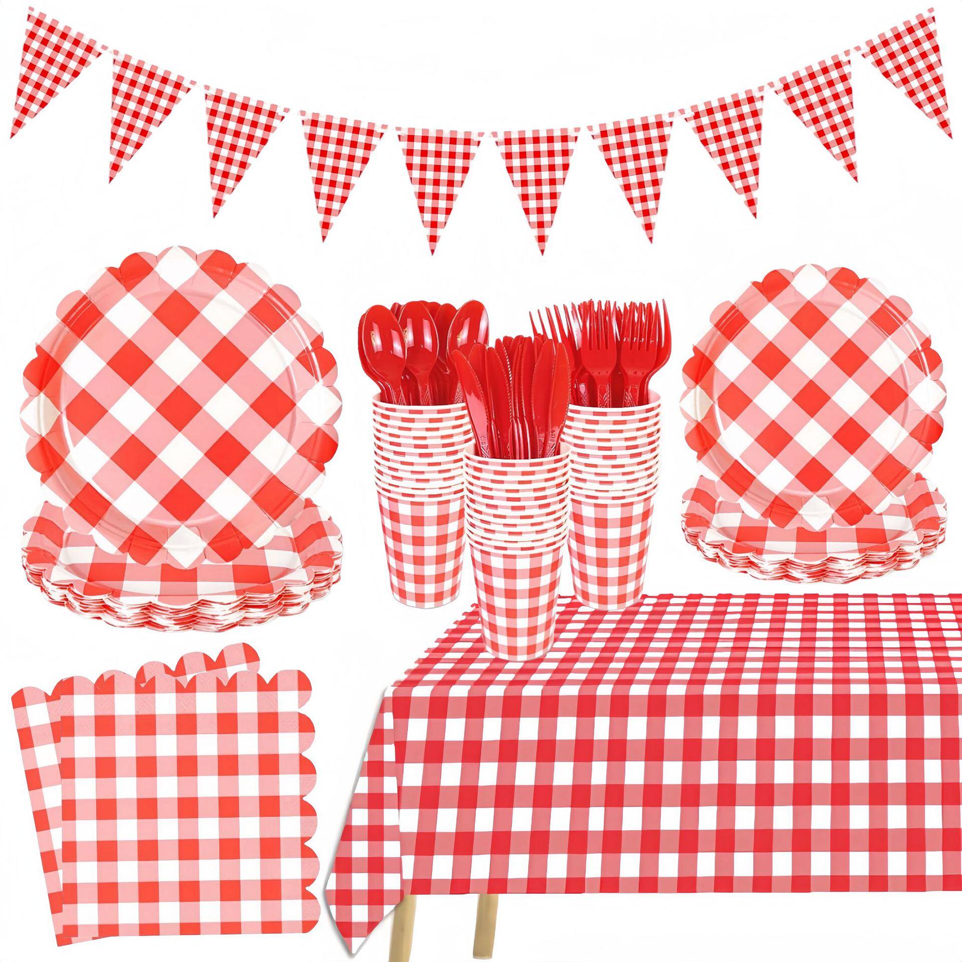 红色格子派对用品花边纸盘桌布 Red Plaid Check Party Supplies