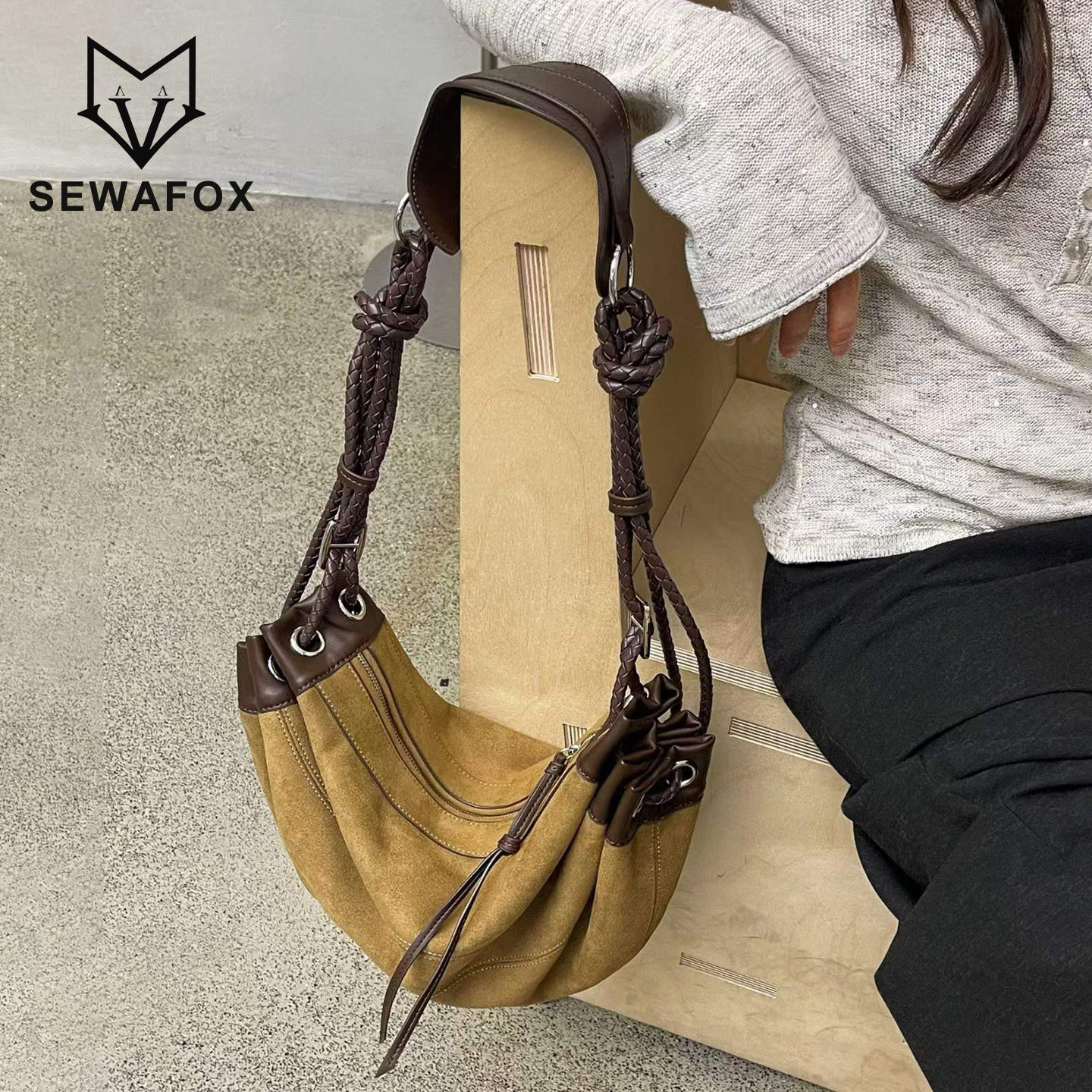 SEWAFOX小众设计拼接麂皮饺子包