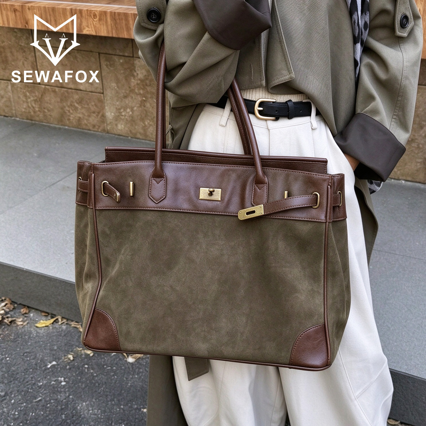 SEWAFOX复古麂皮拼皮铂金托特包