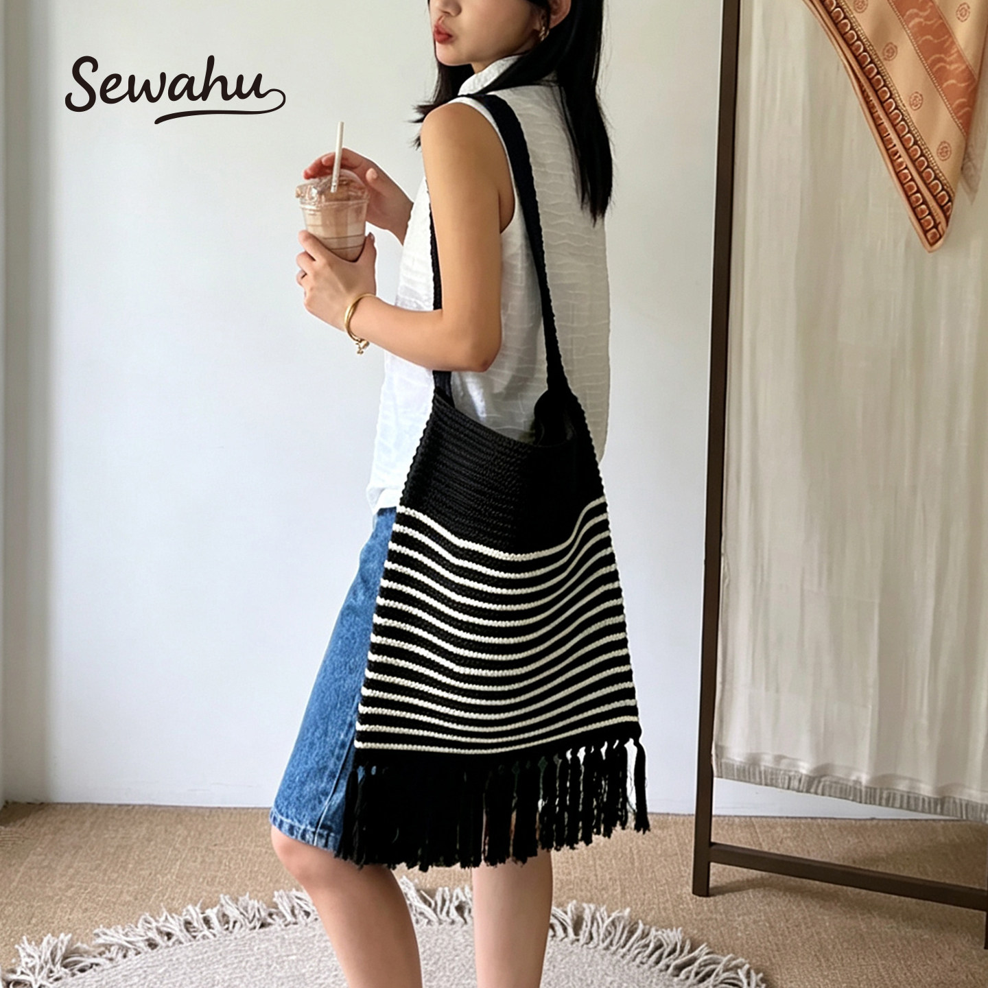 SEWAHU韩系条纹流苏针织托特包女