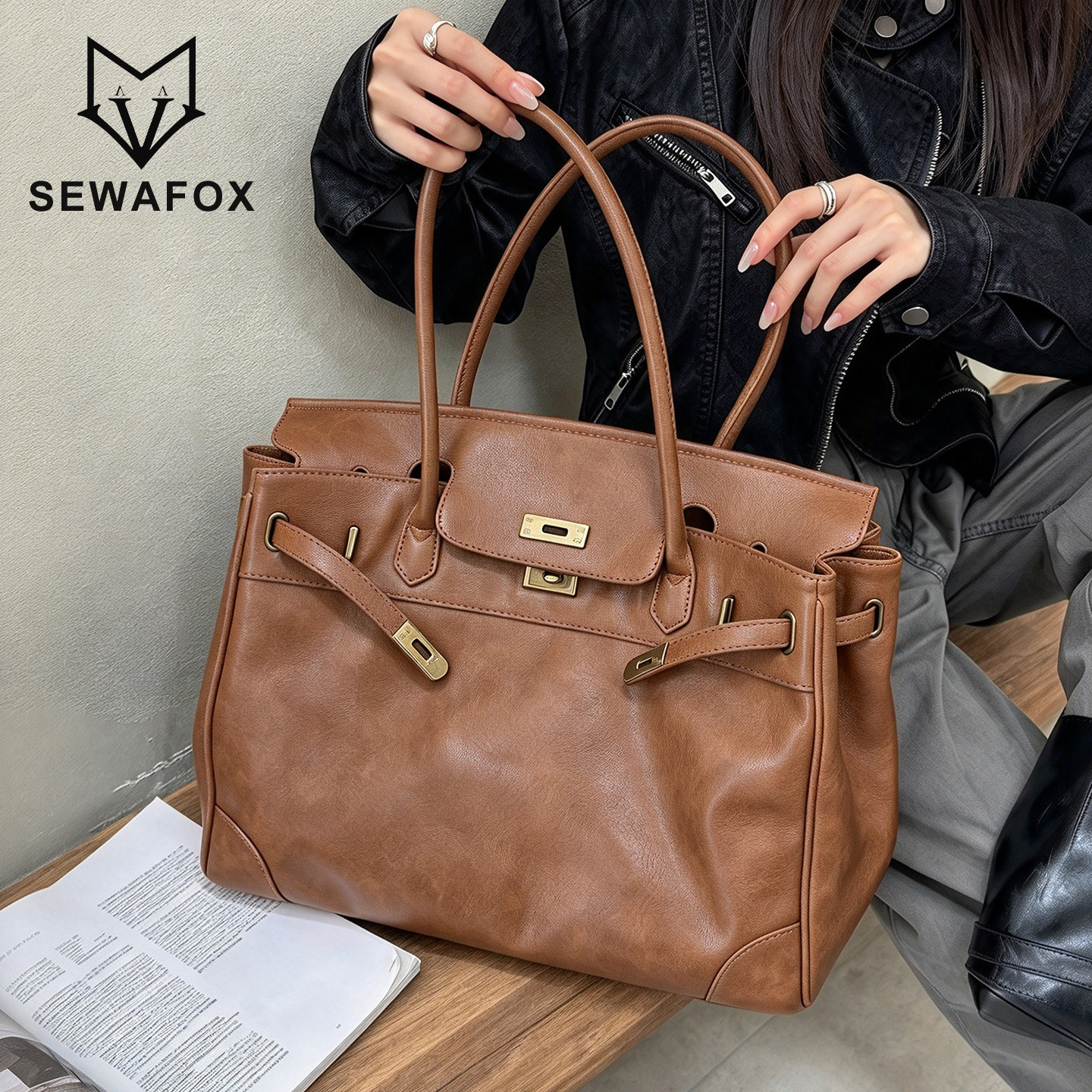 SEWAFOX复古锁扣手提中古铂金包