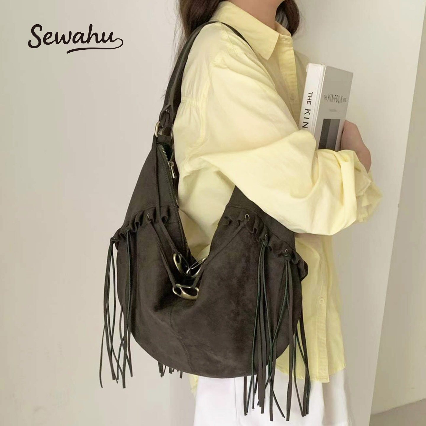 Sewahu复古做旧流苏托特包