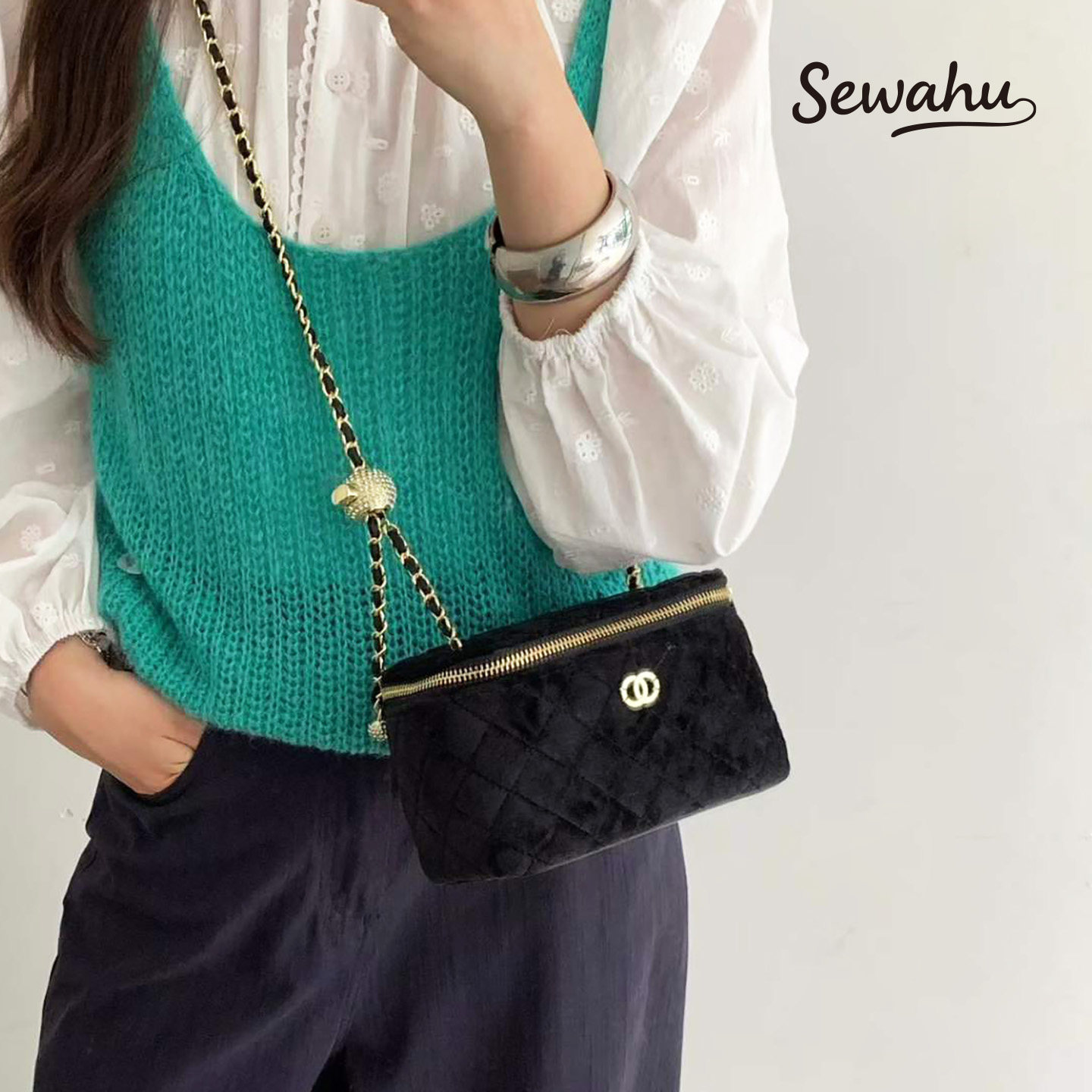Sewahu小香风丝绒圆筒包女包