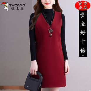 啄木鸟中长款毛呢背心裙女装秋冬新款时尚直筒显瘦V领无袖连衣裙