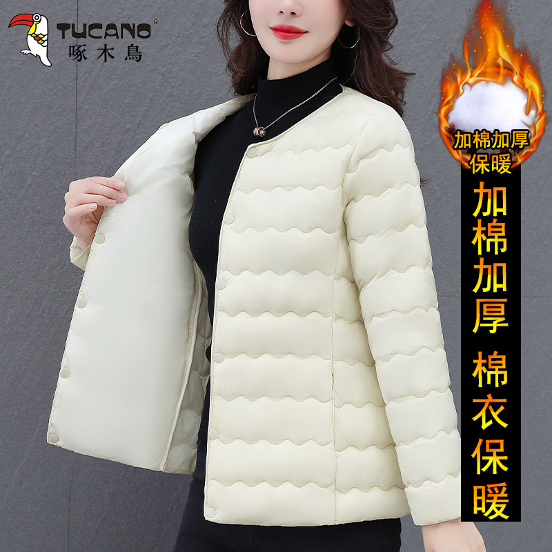 啄木鸟2025冬季保暖新款妈妈短款棉衣轻薄无领棉服中老年女士外套