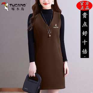 啄木鸟中长款毛呢背心裙女装秋冬新款时尚直筒显瘦V领无袖连衣裙