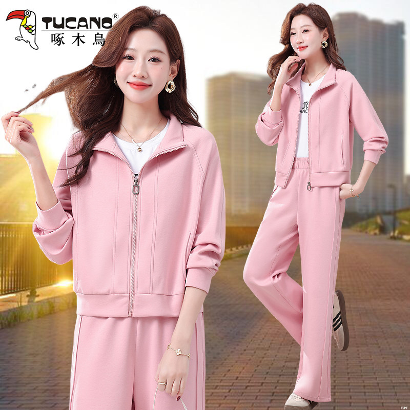 啄木鸟休闲运动套装短款长袖立领春秋季时尚洋气秋装小个子三件套