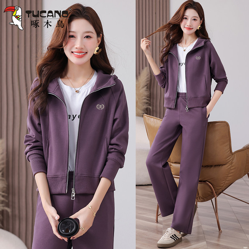 啄木鸟开衫连帽运动套装女春秋2026新款洋气妈妈休闲运动服三件套