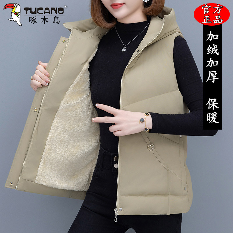 啄木鸟连帽棉马甲女士秋冬季2025新款坎肩背心加绒加厚保暖外套女