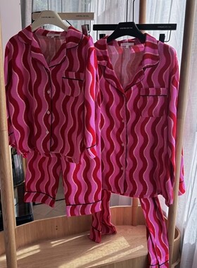 Amylia圣诞亲子天然磨毛睡衣竹纤维混棉纺波浪粉红丝带长袖家居服