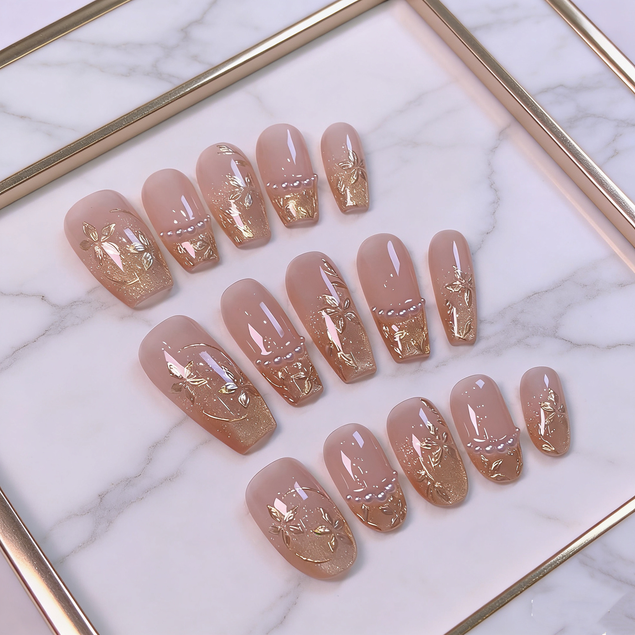 媛满【粉韵】手绘金花浅金显白猫眼法式纯手工穿戴美甲长款高级感,彩妆/香水/美妆工具,穿戴甲/甲片,淘宝优惠券,粉丝福利购,淘宝优惠卷