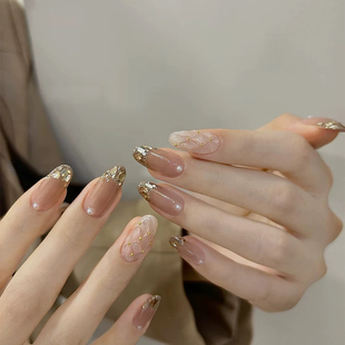 媛满【谁家千金】裸色渐变亮片法式纯手工穿戴式美甲季度新品