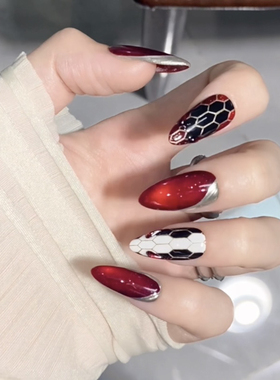 媛满【红蛇年】宝格莉蛇头格子红色猫眼法式纯手工穿戴美甲新款