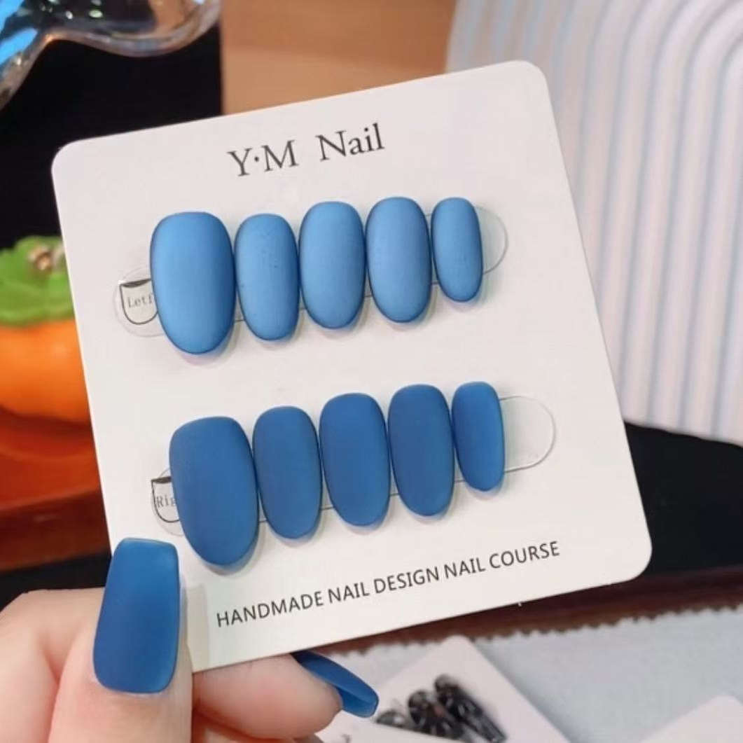 媛满【迷雾蓝】丝绒磨砂纯手工穿戴美甲长短款款高级感