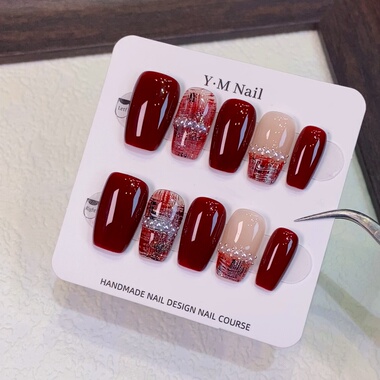 媛满【株机】车厘子红毛呢小香风纯手工穿戴美甲长短款秋冬新款