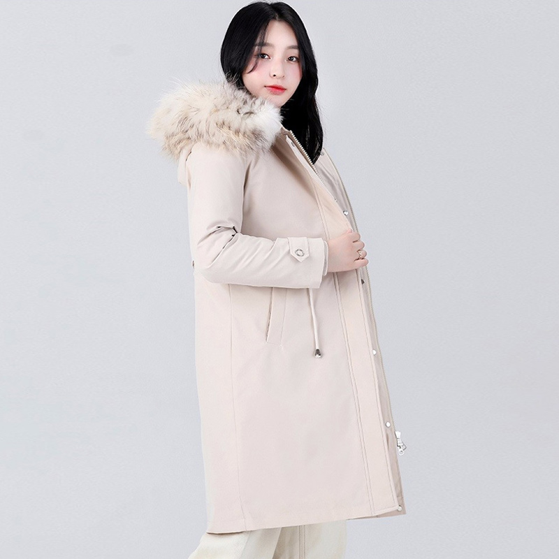 冬装连帽羽绒服女中长款活里活面可拆卸内胆白鸭绒派克服毛领外套