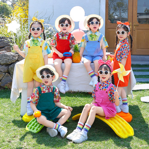 六一儿童港风演出服合唱糖果色小学生啦啦队背带裤幼儿园毕业服装