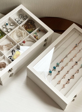 重磅轻奢白色PU皮珠宝首饰盒大容量收纳手镯戒指项链饰品展示道具