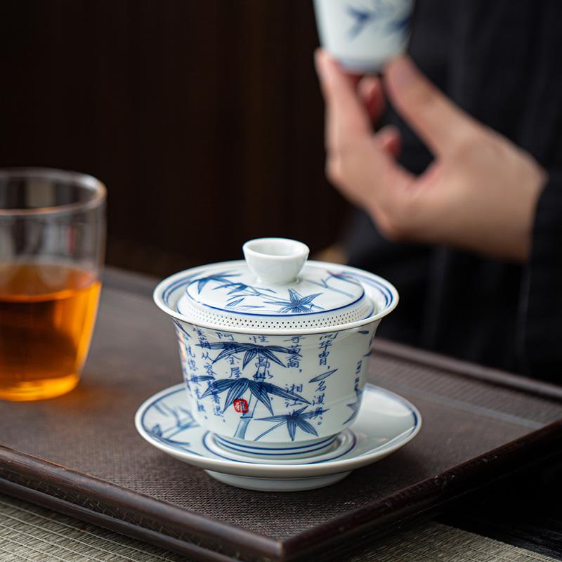 仿古青花瓷山水三才盖碗