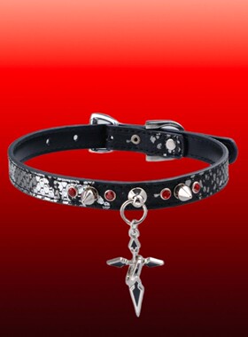 Aura Collar轻奢真皮黑蛇纹十字架小众朋克puppy牵引绳choker项圈