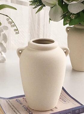 Annie Garden 外贸订单 北欧复古粗陶泥双耳提手素窑花瓶客厅摆件