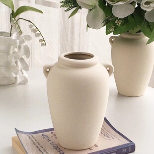 北欧复古粗陶泥双耳提手素窑花瓶客厅摆件 外贸订单 Annie Garden