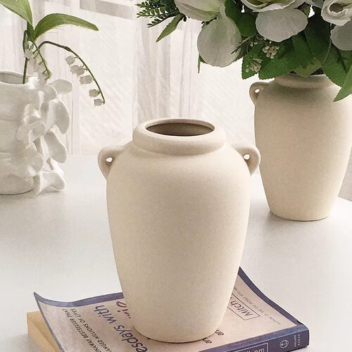 Annie Garden 外贸订单 北欧复古粗陶泥双耳提手素窑花瓶客厅摆件