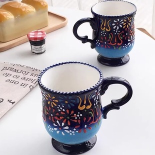 釉下彩重工手绘浮雕陶瓷艺术咖啡杯马克杯 外贸出口 Annie Garden