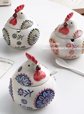 Annie Garden  外贸订单  陶瓷釉下彩手绘小鸡调料罐带盖勺调味罐