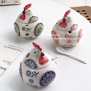 陶瓷釉下彩手绘小鸡调料罐带盖勺调味罐 外贸订单 Annie Garden