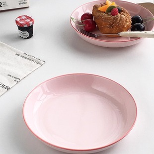 北欧风格 外贸出口 粉色陶瓷釉下彩简约圆形菜沙拉盘 Garden Annie